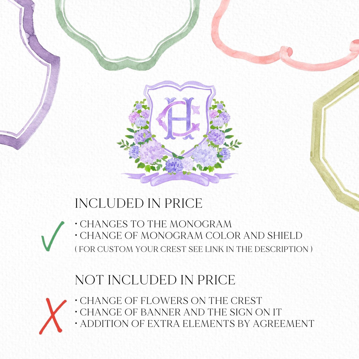 Purple Hydrangea Flower Wedding Crest - Monogram Crest - Light Purple Hydrangea Floral Watercolor Wedding Crest - Romantic Wedding Crest