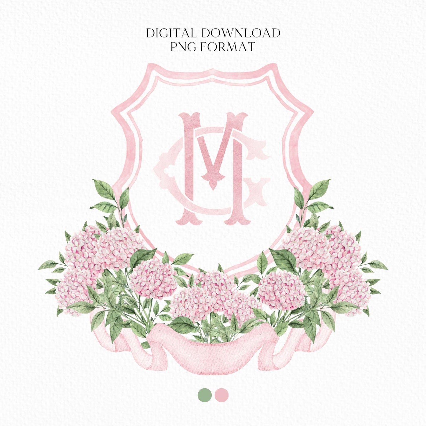 Pink Hydrangea Flower Wedding Crest - Monogram Crest - White Hydrangea Floral Luxury Watercolor Wedding Crest - Romantic Wedding Crest