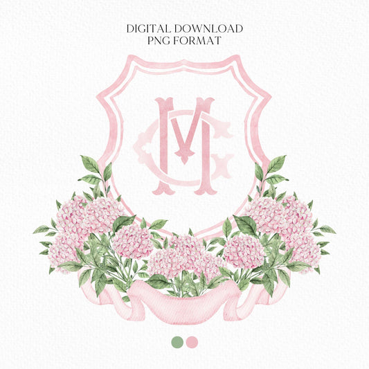 Pink Hydrangea Flower Wedding Crest - Monogram Crest - White Hydrangea Floral Luxury Watercolor Wedding Crest - Romantic Wedding Crest