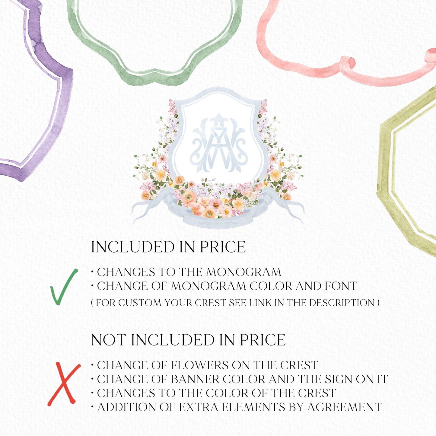 Orange Pink Yellow and White Watercolor Flower Wedding Crest - Monogram Crest - Floral Watercolor Wedding Crest - Blue Spring Wedding Crest