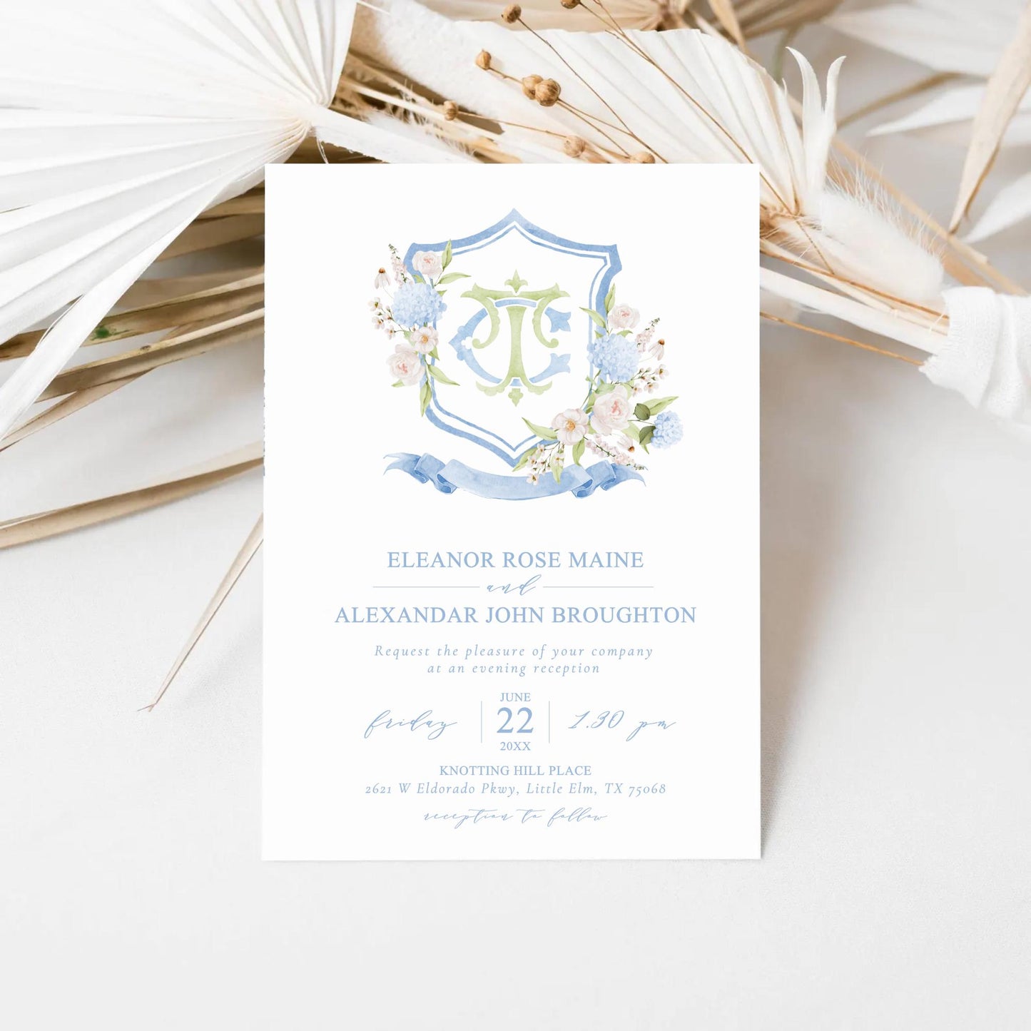 Light Blue Hydrangea Flower Wedding Crest - Monogram Crest - Hydrangea Floral Luxury Watercolor Wedding Crest - Romantic Wedding Crest