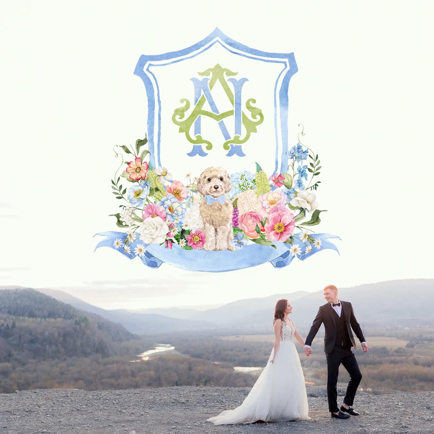 Wildflowers Bright Floral Hydrangea Watercolor Wedding Crest - Monogram Crest - Floral Watercolor Wedding Crest - Romantic Wedding Crest