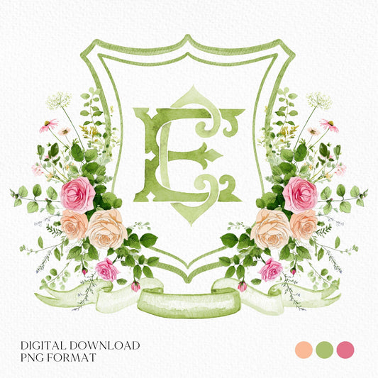 Blush Roses Soft Petals Flower Wedding Crest - Monogram Crest - Watercolor Rose Floral Watercolor Wedding Crest - Romantic Wedding Crest