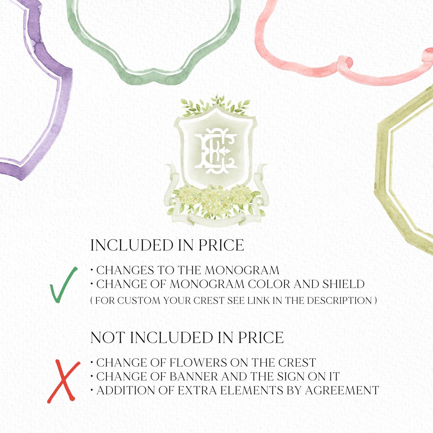 Green Hydrangea Flower Wedding Crest - Monogram Crest - Hydrangea Floral Watercolor Wedding Crest - Romantic Wedding Crest - Boho Hydrangea