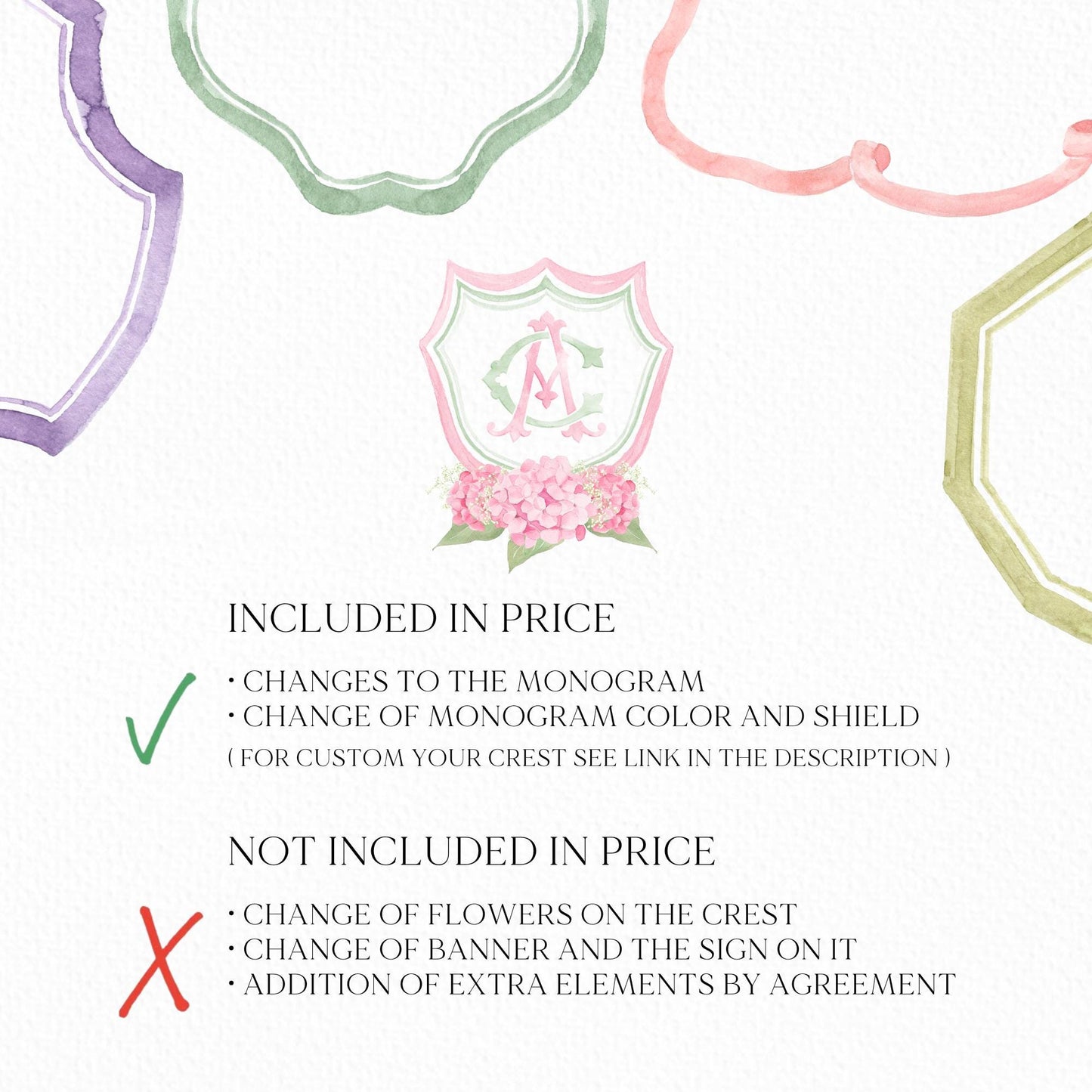 Hydrangea Pink Green Floral Wedding Crest - Monogram Crest - Green Baby's Breath Hydrangea Floral Luxury Watercolor Wedding Crest