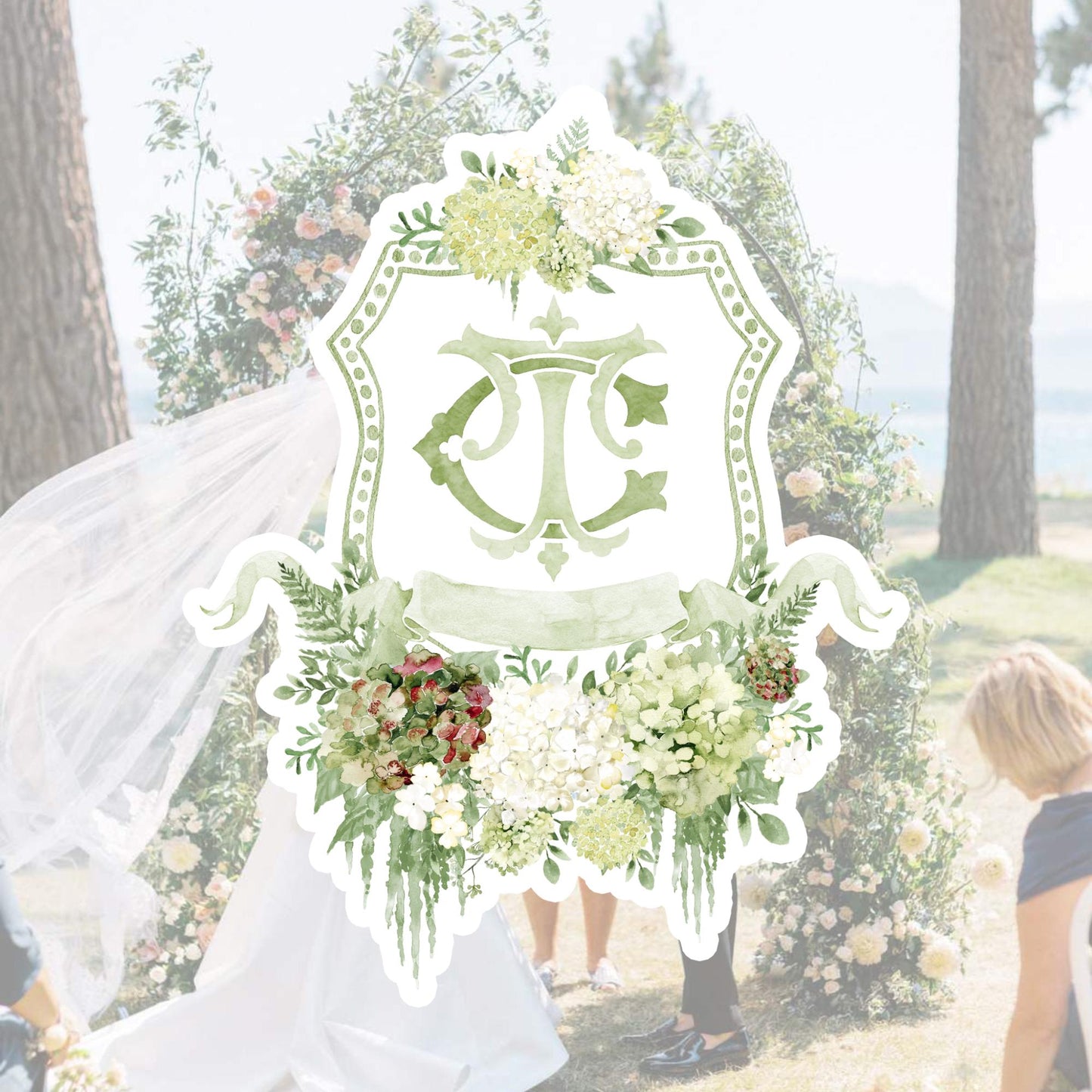 Hydrangea Macrophylla Green Flower Wedding Crest, Monogram Crest, Lush bright Greenery Floral Watercolor Wedding Crest, Hydrangea Crest