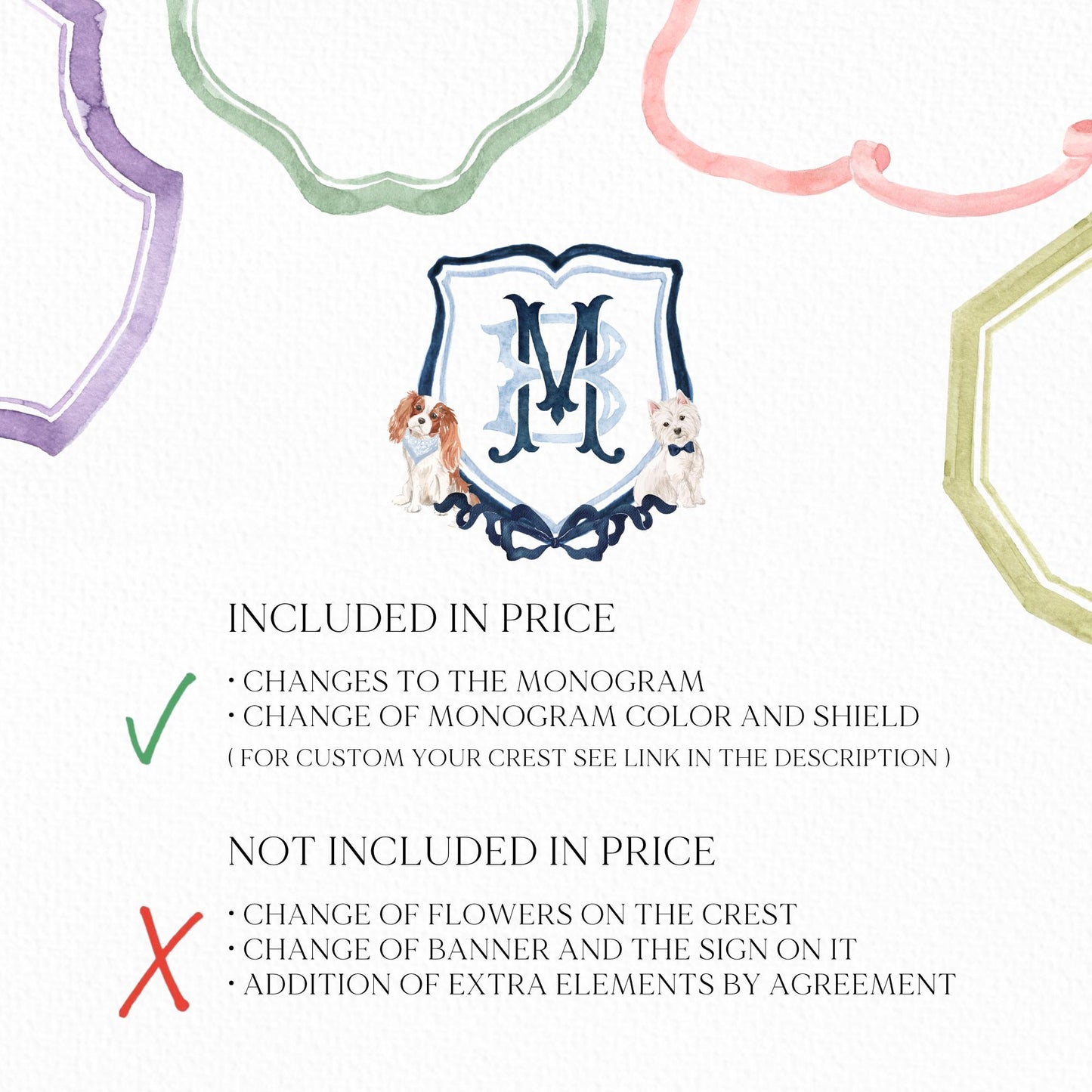 Dark Blue Watercolor Classic Eucalyptus Ribbon Flower Wedding Crest - Monogram Crest - Watercolor Wedding Crest - Romantic Wedding Crest