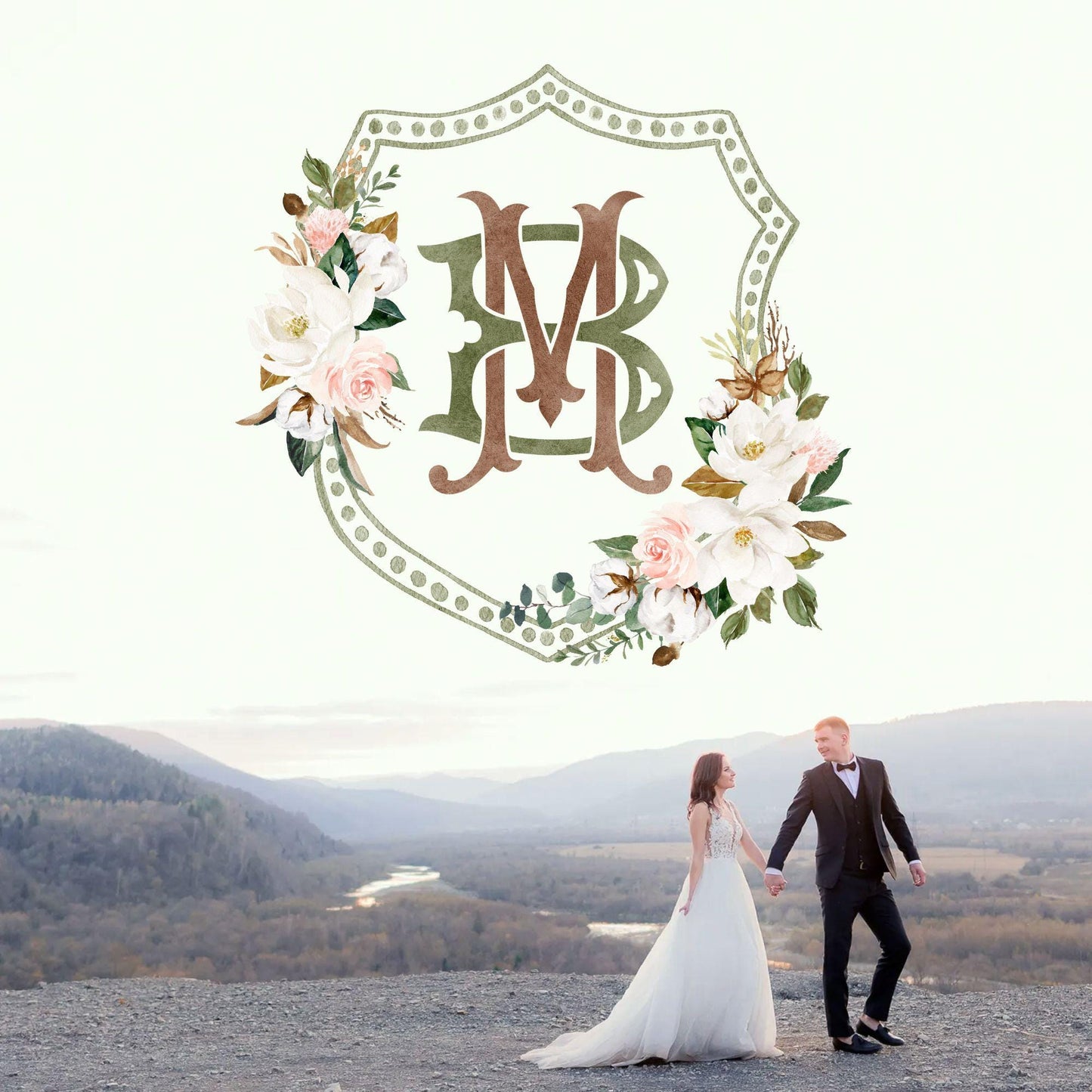 Magnolia Greenery Flower Watercolor Wedding Crest - Monogram Crest - Magnolia Floral Watercolor Wedding Crest - Romantic Wedding Crest