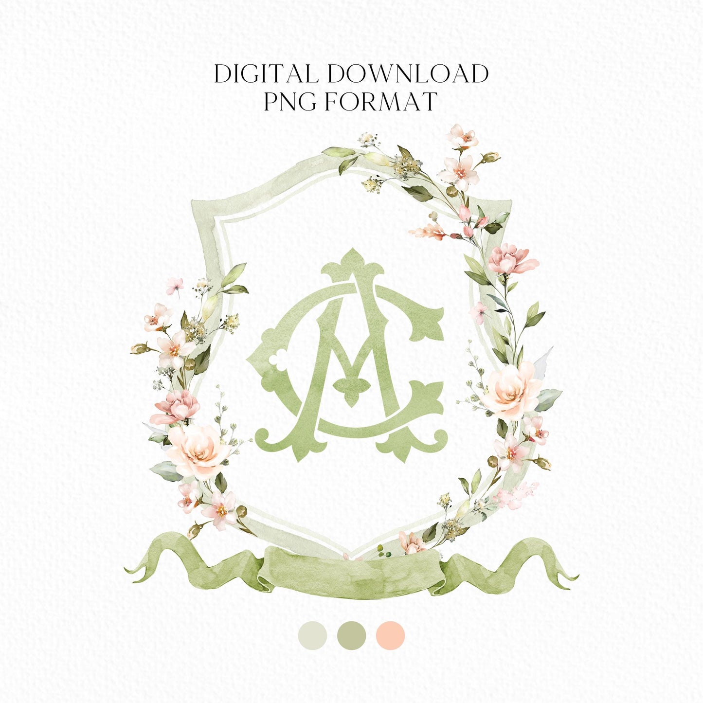 Blush Pink Flower Wedding Crest - Monogram Crest - Floral Luxury Watercolor Wedding Crest - Romantic Wedding Crest - Sage Blush Rose Crest