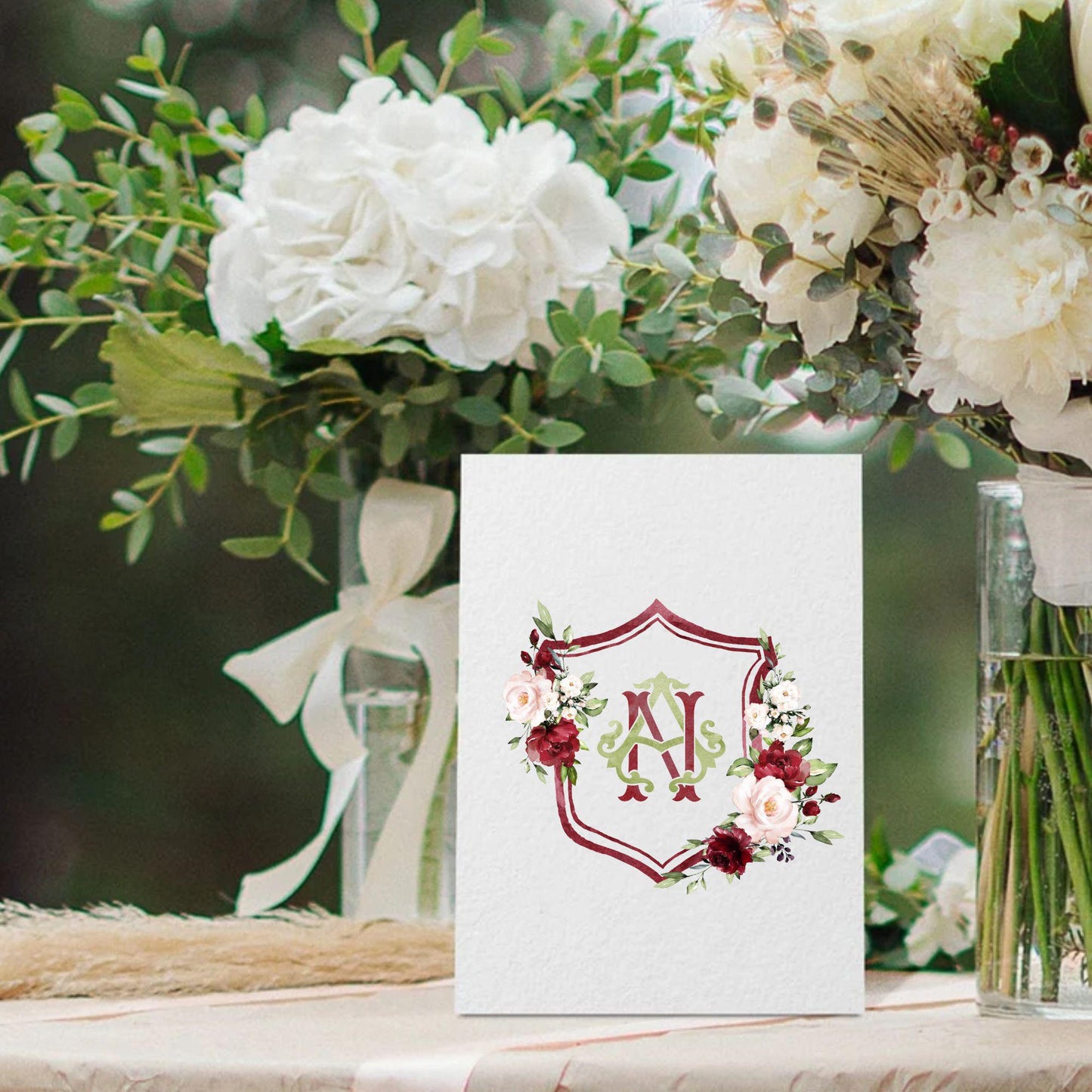 Marsala & Blush Pink Floral Rustic Greenery Flower Wedding Crest - Monogram Crest - Floral Watercolor Wedding Crest - Romantic Wedding Crest