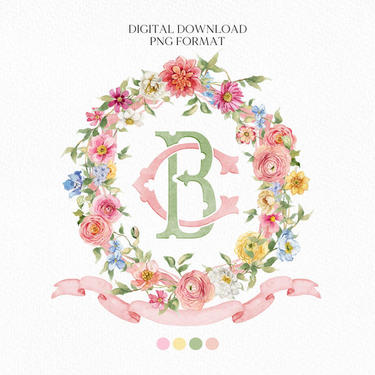 Wildflowers Bright Floral Colorful Watercolor Wedding Crest - Monogram Crest - Floral Watercolor Wedding Crest - Romantic Wedding Crest