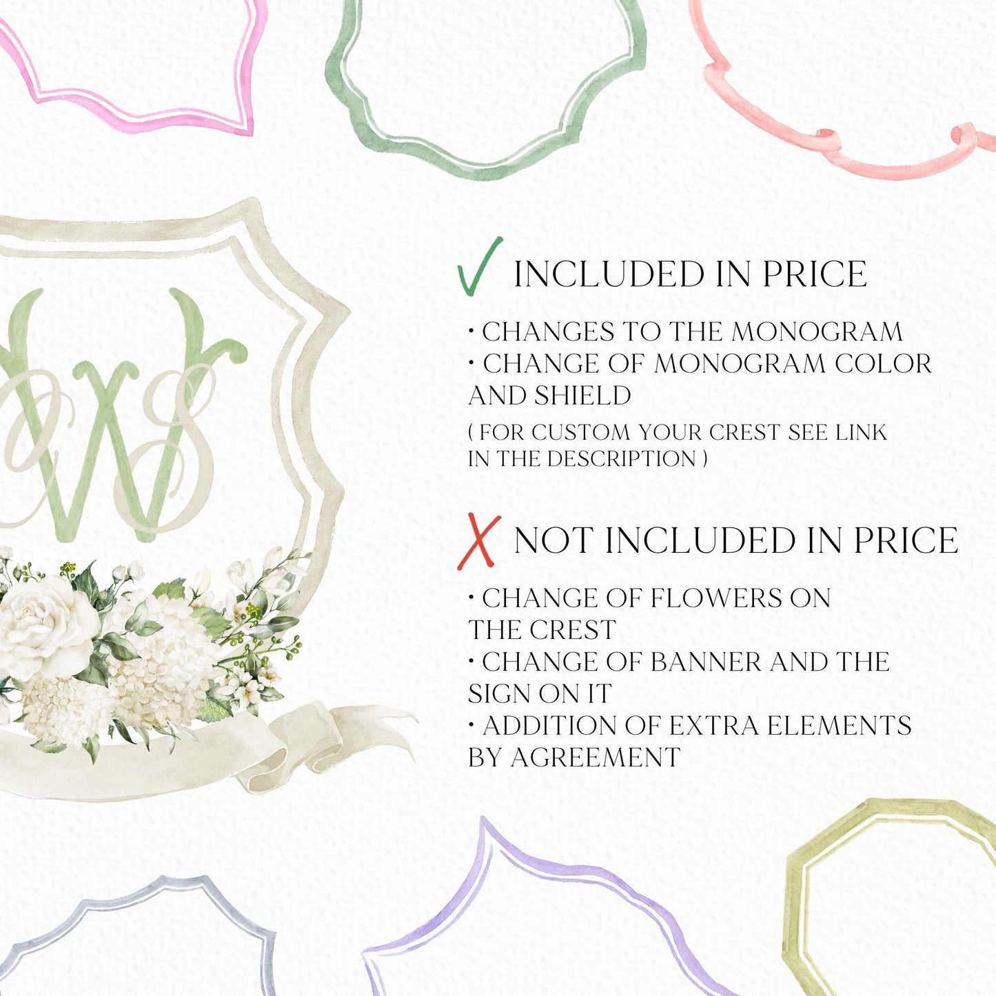 White Hydrangea Roses Flower Wedding Crest - Monogram Crest - Hydrangea Floral Luxury Watercolor Wedding Crest - Romantic Wedding Crest