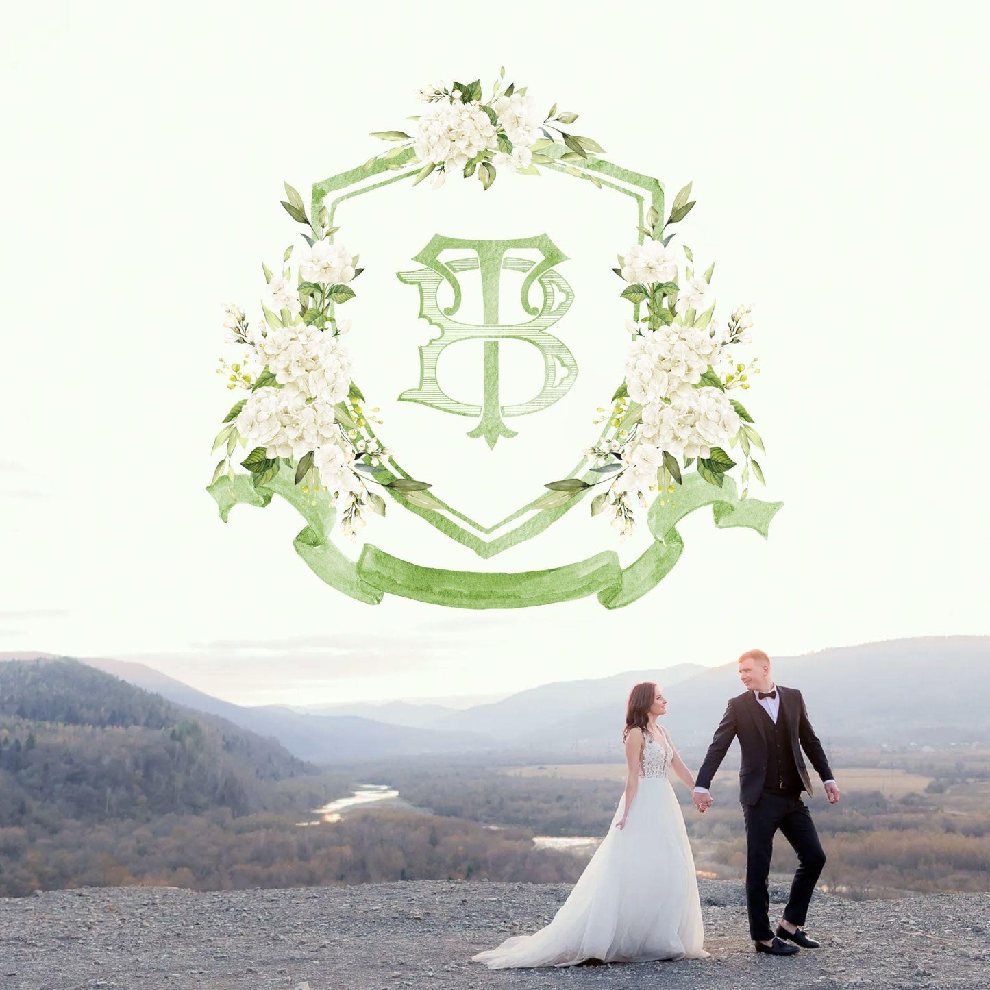 White Hydrangea Flower Wedding Crest - Monogram Crest - Hydrangea Floral Watercolor Wedding Crest - Romantic Wedding Crest - Boho Hydrangea