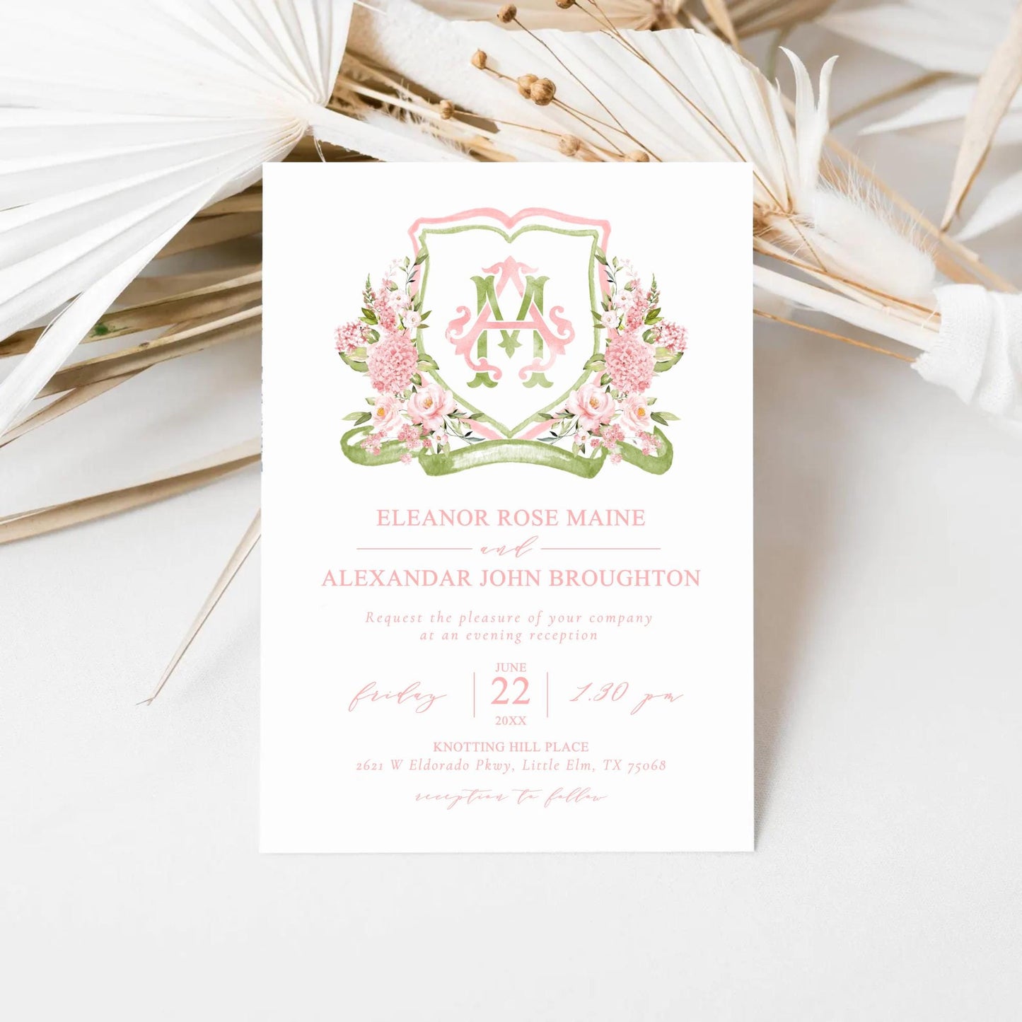 Hydrangea Blush Pink Rose Flower Wedding Crest - Monogram Crest - Pink Hydrangea Floral Luxury Watercolor Wedding Crest