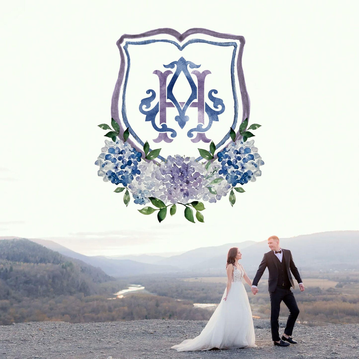 Navy Blue Hydrangea Flower Wedding Crest - Monogram Crest - Purple Hydrangea White Floral Watercolor Wedding Crest Romantic Wedding Crest