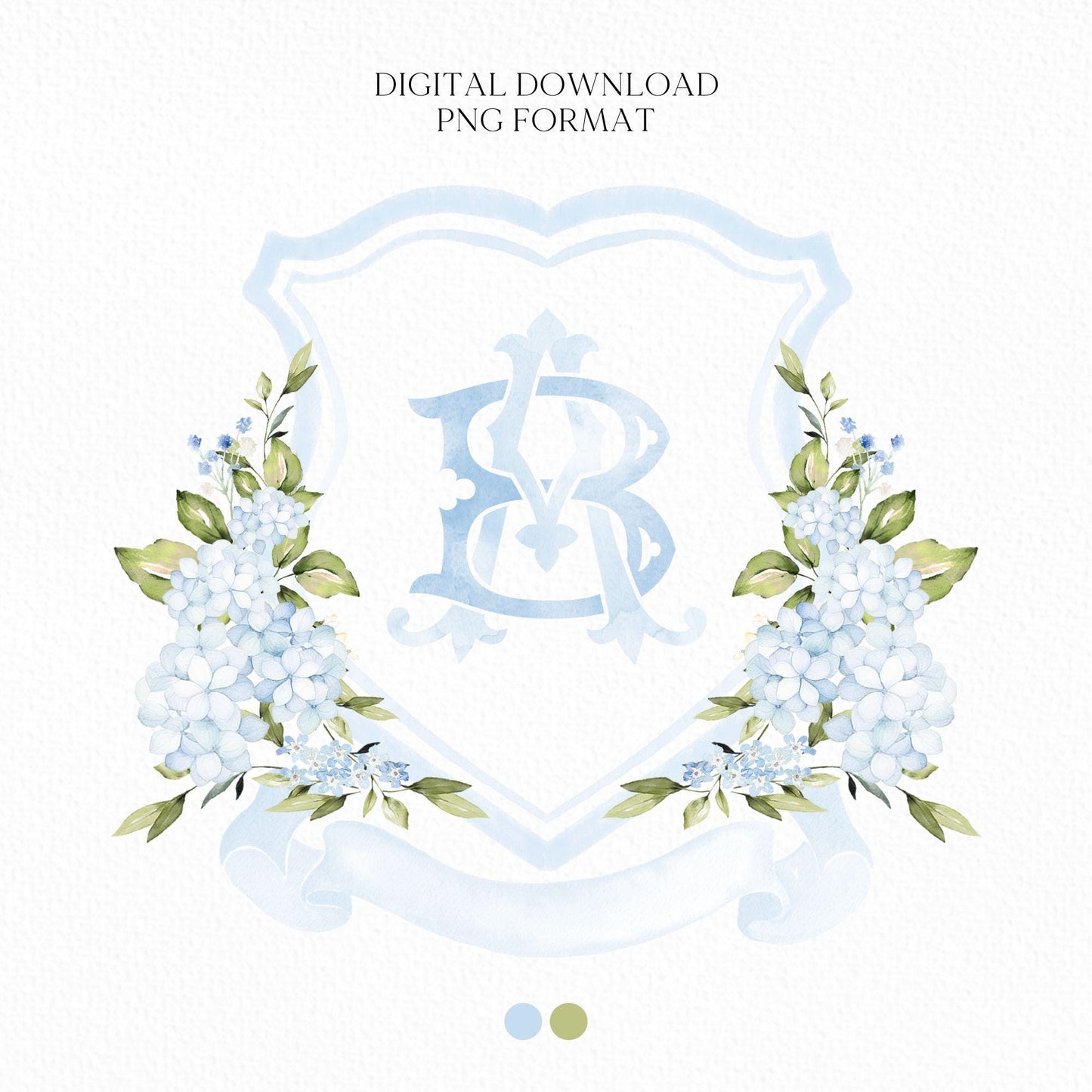Light Blue Hydrangea Flower Wedding Crest - Monogram Crest - Hydrangea Floral Luxury Watercolor Wedding Crest - Romantic Wedding Crest