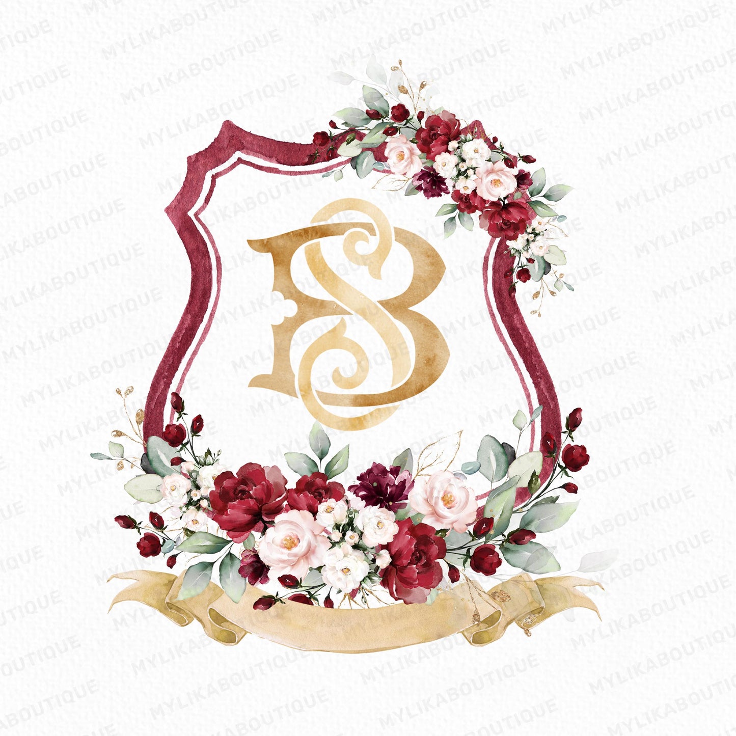 Burgundy Rose Flower Wedding Crest - Monogram Crest - Burgundy Floral Watercolor Wedding Crest - Romantic Wedding Crest- Boho Burgundy