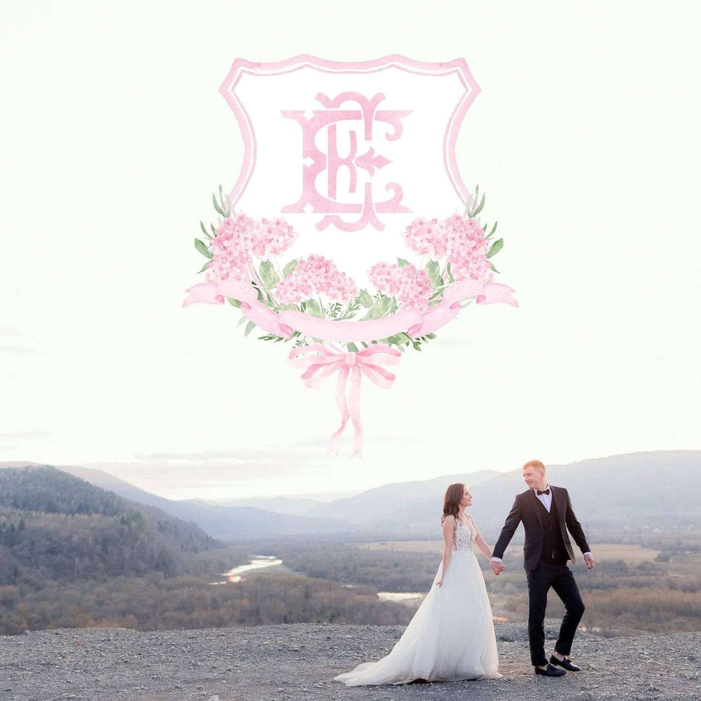 Pink Hydrangea Flower Wedding Crest - Monogram Crest - Hydrangea Light Pink Floral Luxury Watercolor Wedding Crest - Romantic Wedding Crest