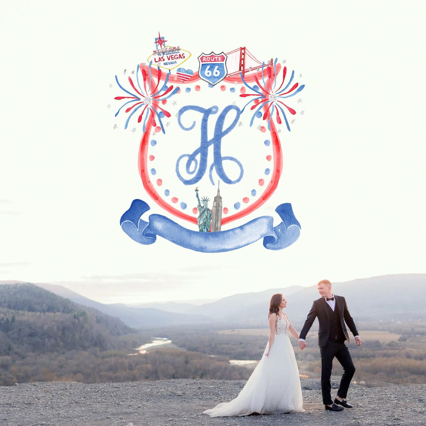 Patriotic 4th July Independence Day Wedding Watercolor Crest - Monogram Crest - Crest USA Watercolor Wedding Crest - Romantic Wedding Crest