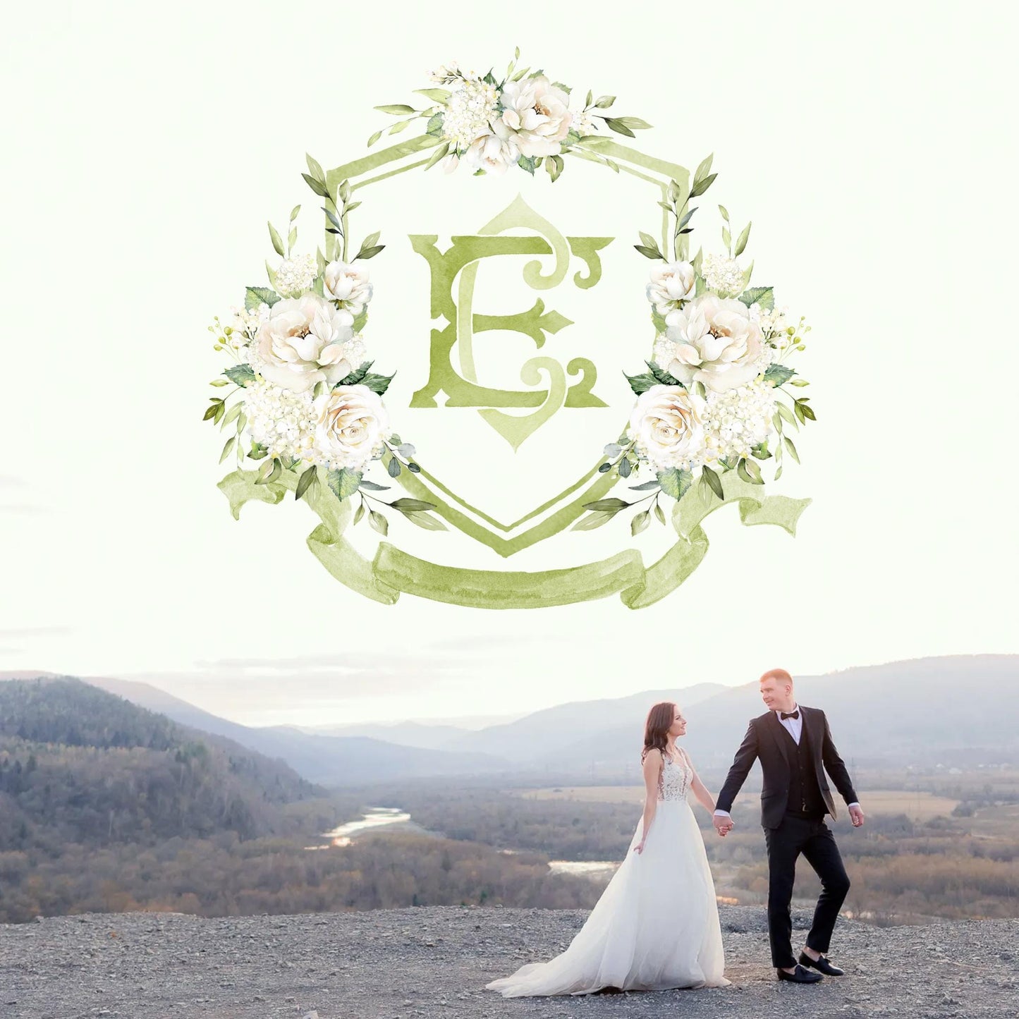 White Rose Greenery White Flower Wedding Crest - Monogram Crest - White Cream Roses flower Watercolor Wedding Crest - Romantic Wedding Crest