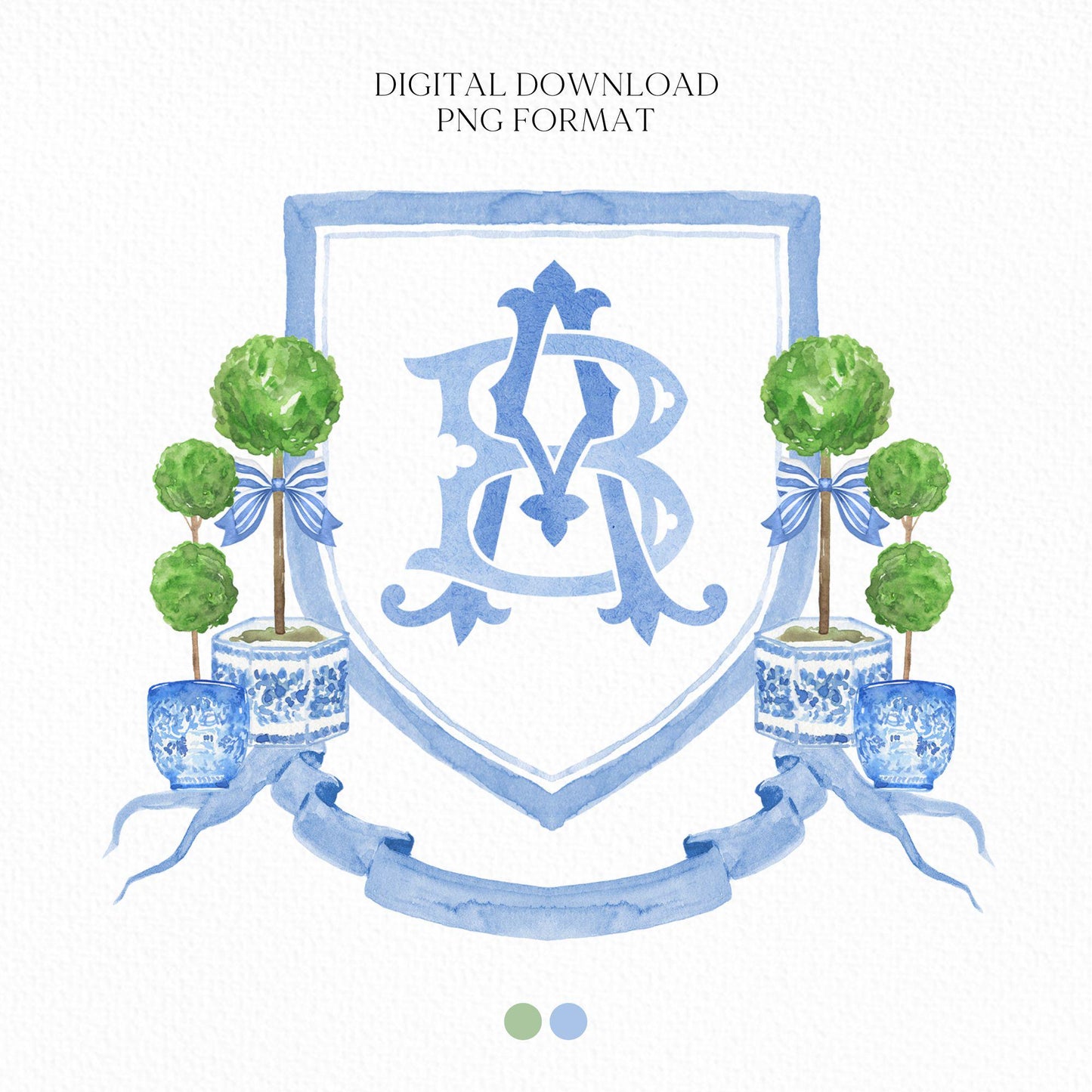 Chinoiserie Blue Topiary Wedding Crest - Monogram Crest - Chinoiserie Blue Watercolor Wedding Crest Romantic Wedding Crest