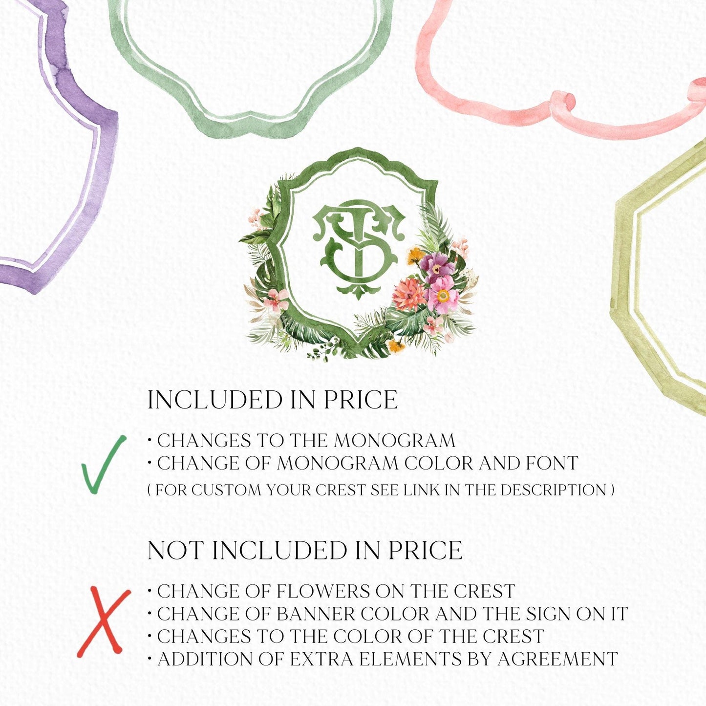 Tropical Watercolor Flowers Wedding Crest - Monogram Crest - Greenery Floral Blue Watercolor Wedding Crest - Romantic Wedding Crest
