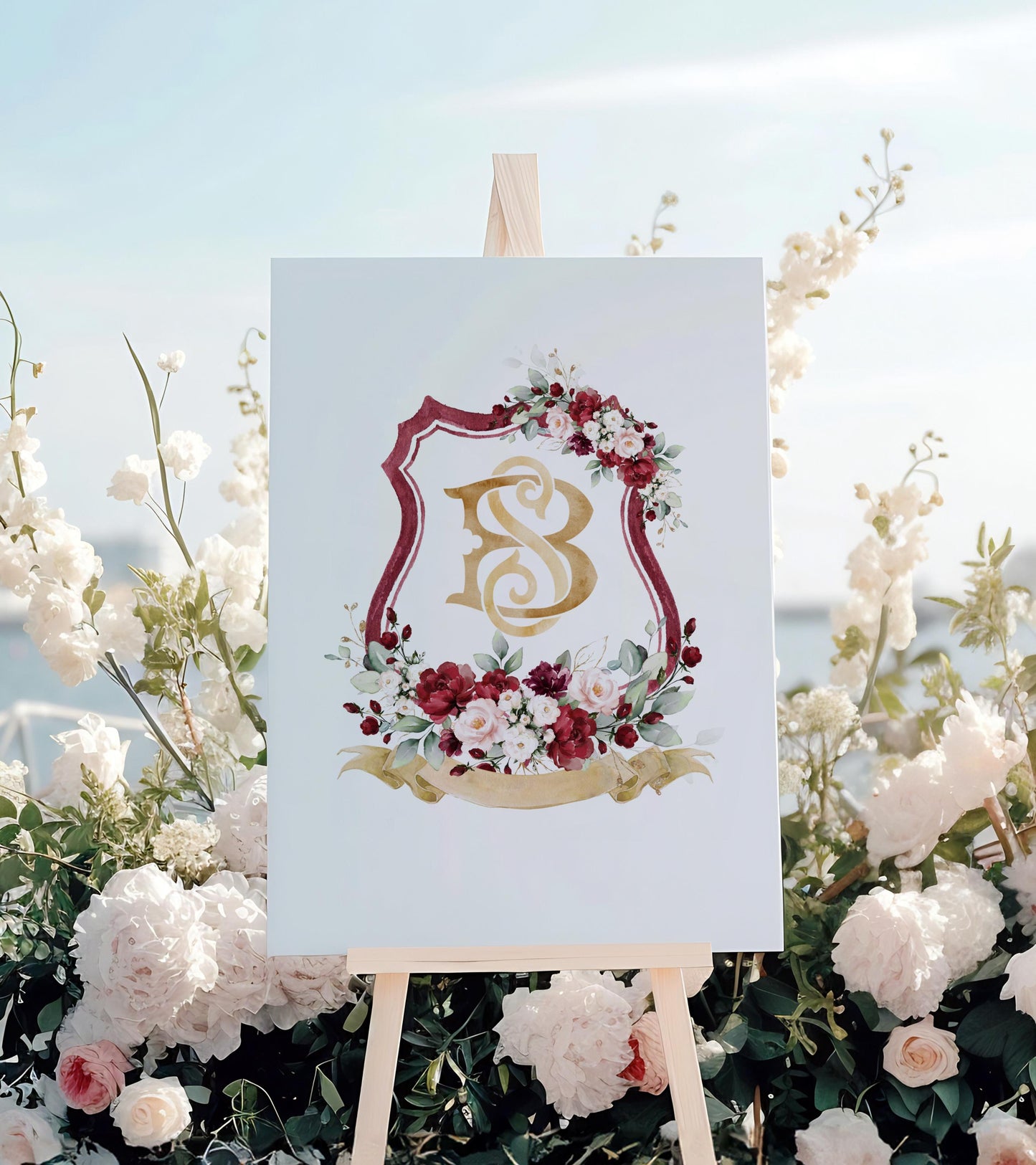 Burgundy Rose Flower Wedding Crest - Monogram Crest - Burgundy Floral Watercolor Wedding Crest - Romantic Wedding Crest- Boho Burgundy