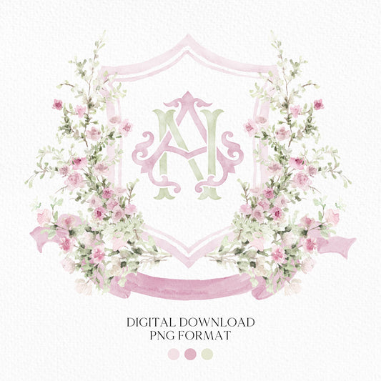 Watercolor Garden Floral Colorful Watercolor Wedding Crest - Monogram Crest - Floral Watercolor Wedding Crest - Romantic Wedding Crest