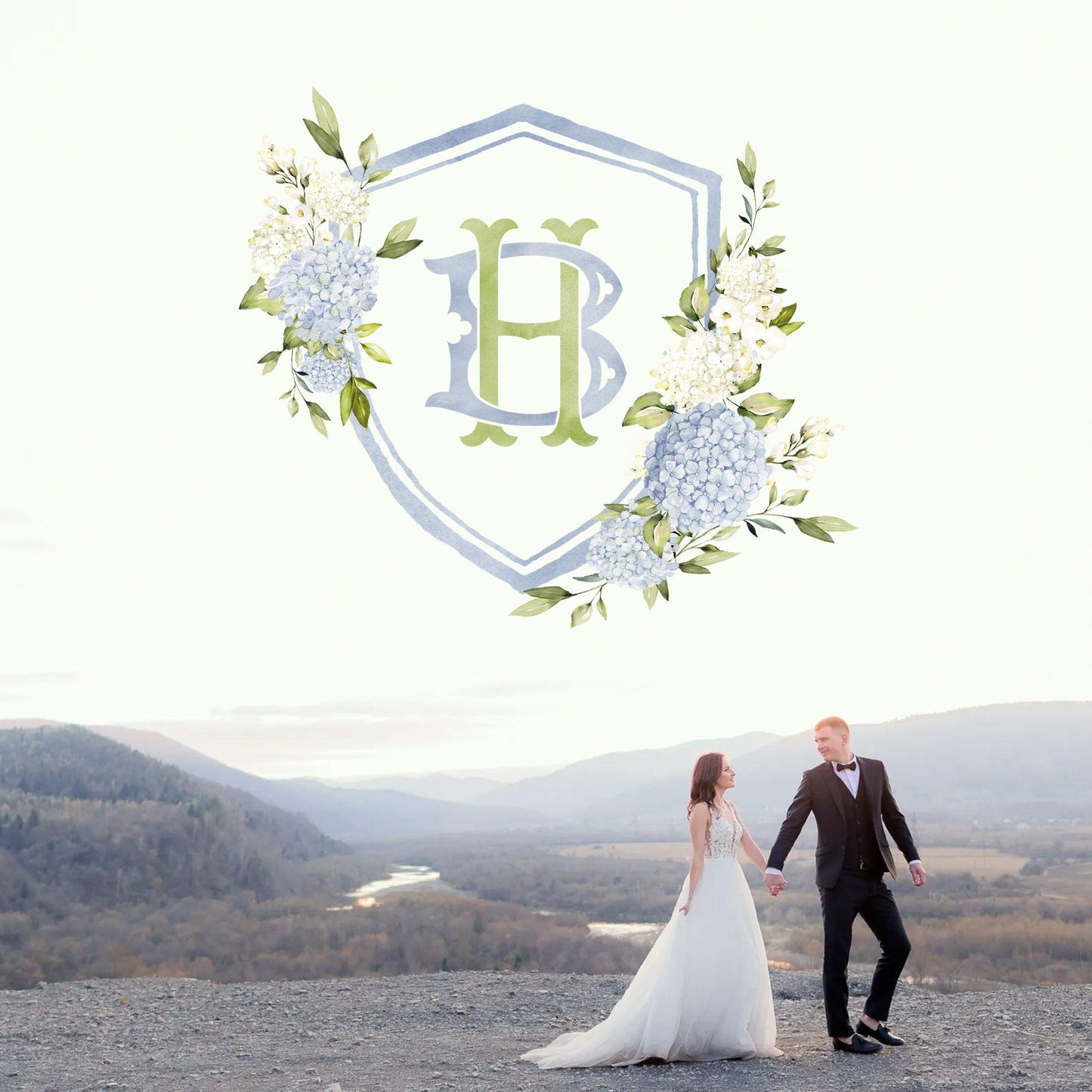 Blue White Hydrangea Flower Wedding Crest - Monogram Crest - Hydrangea Floral Luxury Watercolor Wedding Crest - Romantic Wedding Crest