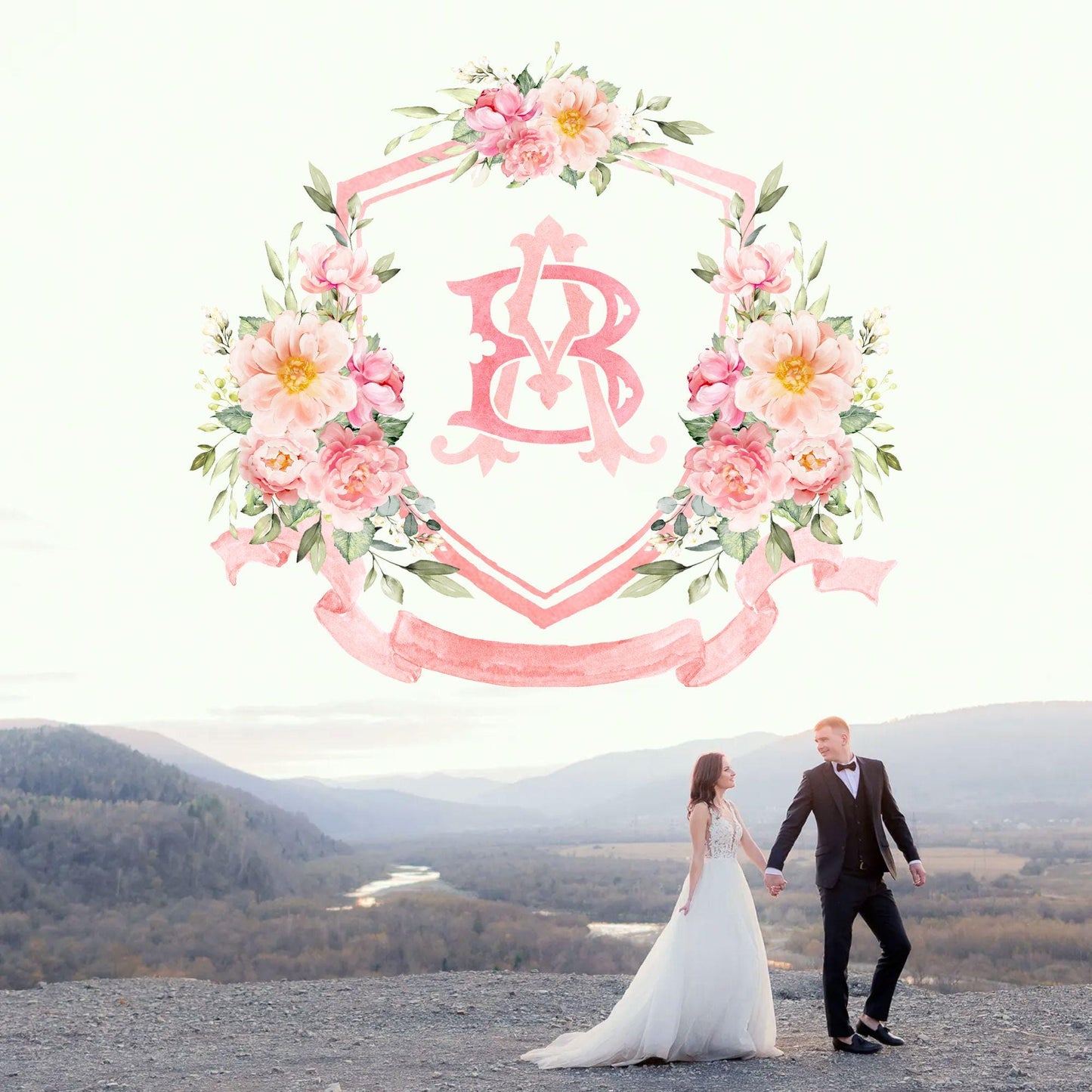 Peony Eucalyptus Watercolor Flower Wedding Crest - Monogram Crest - Floral Eucalyptus Watercolor Wedding Crest - Romantic Wedding Crest