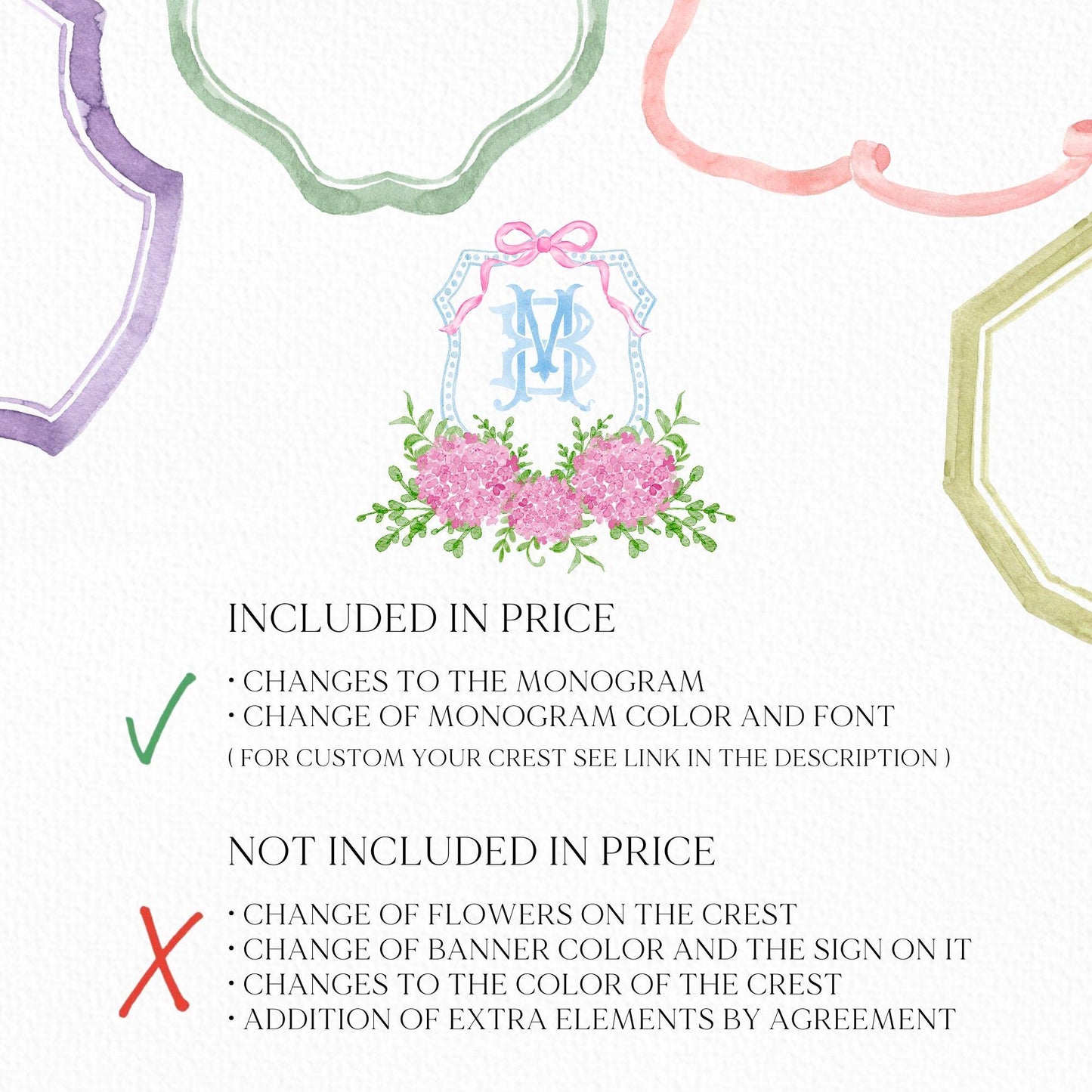 Hydrangea Pink Bow Crest Flower Wedding Crest - Monogram Crest - Hydrangea Pink Luxury Watercolor Wedding Crest - Romantic Wedding Crest