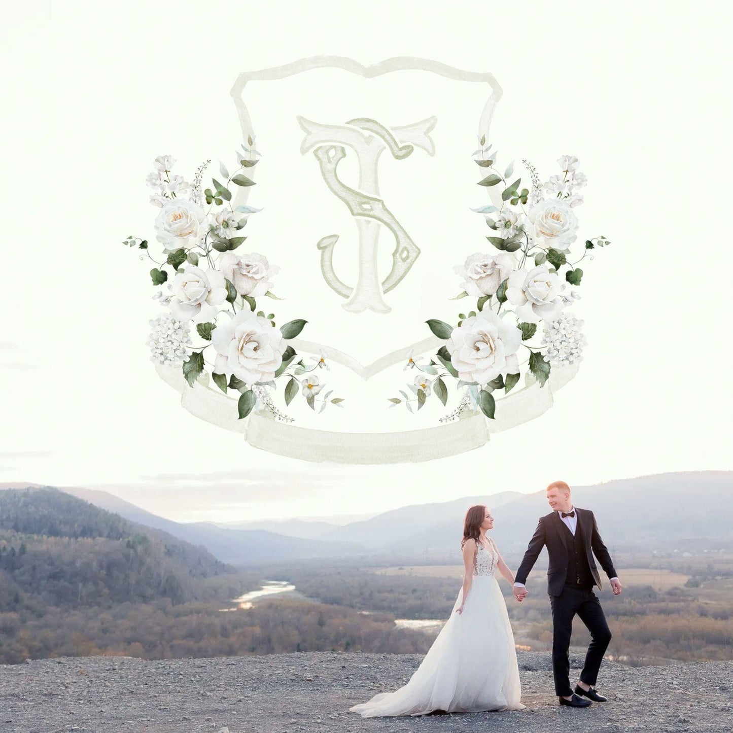 White Rose Greenery White Flower Wedding Crest - Monogram Crest - White Floral Watercolor Wedding Crest - Romantic Wedding Crest