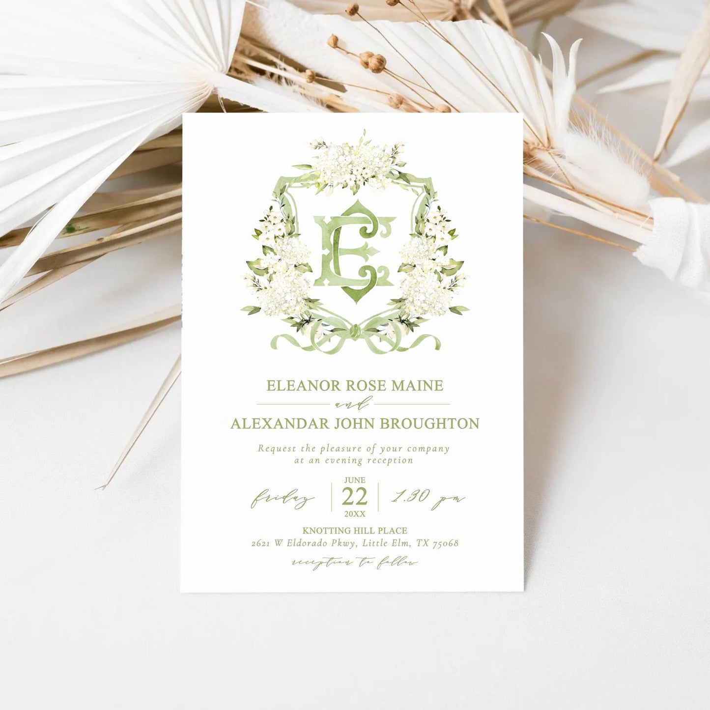 White Hydrangea Flower Greenery Wedding Crest - Monogram Crest - Hydrangea Floral Luxury Watercolor Wedding Crest - Romantic Wedding Crest