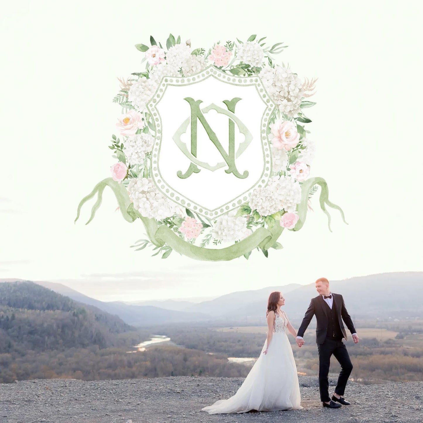 White Hydrangea Flower Wedding Crest - Monogram Crest - Light Pink Roses Hydrangea Floral Watercolor Wedding Crest - Romantic Wedding Crest