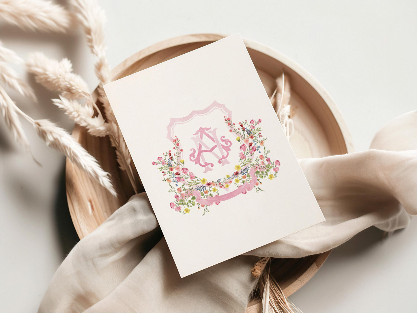 Wildflower Pink Flower Wedding Crest - Monogram Crest - Floral Luxury Watercolor Wedding Crest - Romantic Wedding Crest