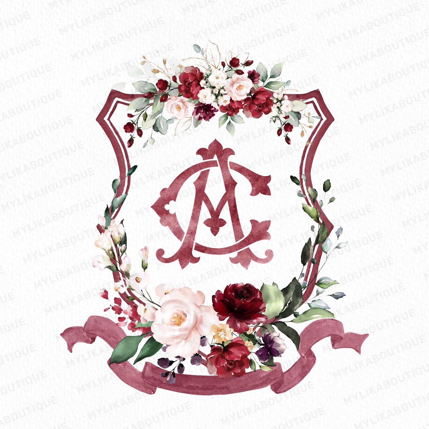 Geometric Burgundy blush Pink Floral Wedding Crest - Monogram Crest - Burgundy Floral Watercolor Wedding Crest - Romantic Wedding Crest
