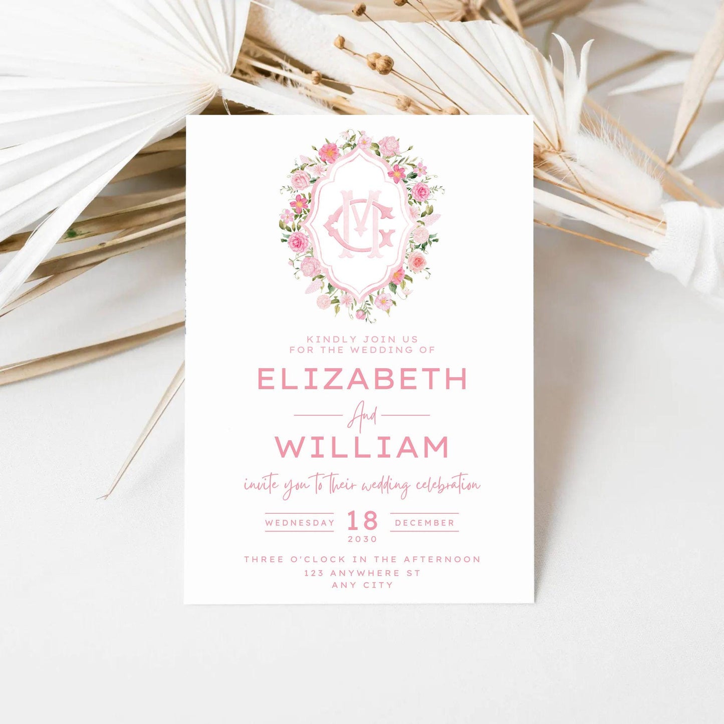 Roses Bouquets Flower Wedding Crest - Monogram Crest - Pink Peony Delicate Summer Floral Watercolor Wedding Crest - Romantic Wedding Crest