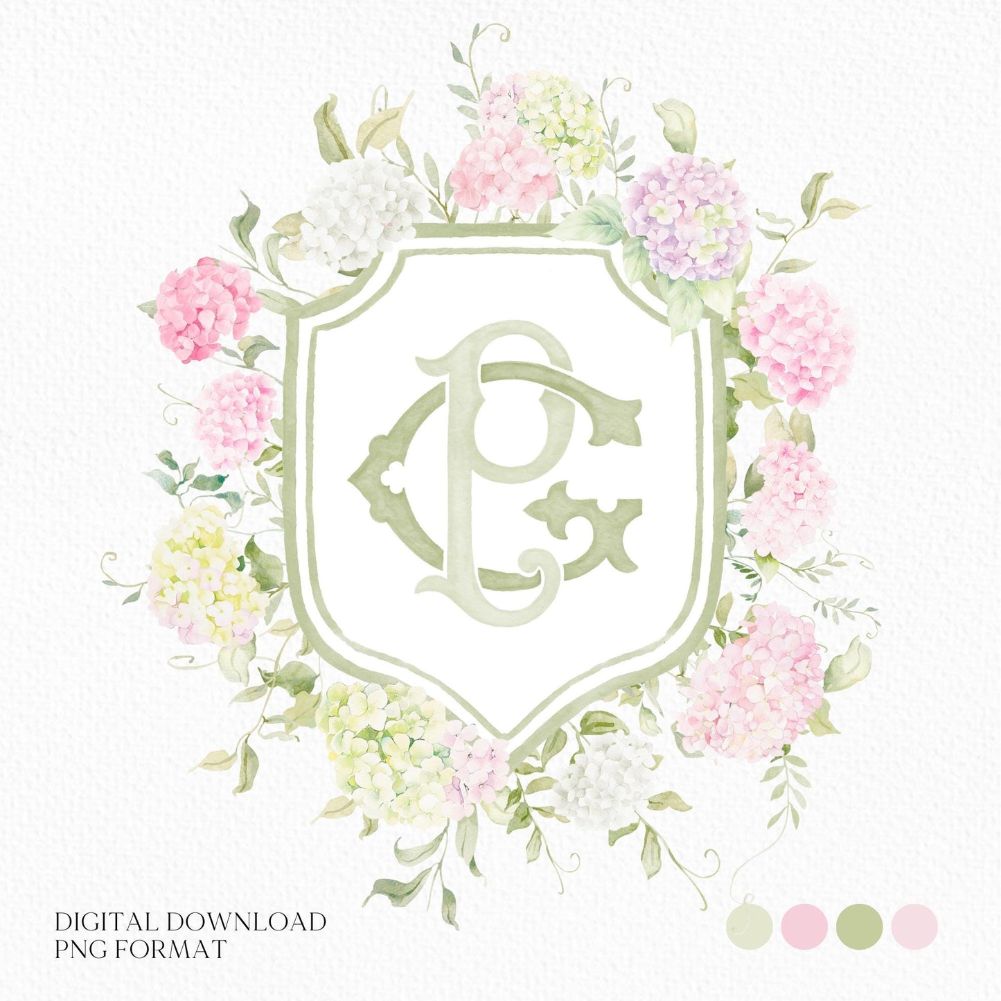 Blue White Pink Hydrangea Flower Wedding Crest - Monogram Crest - Pastel Color Hydrangea Floral Luxury Watercolor Wedding Crest