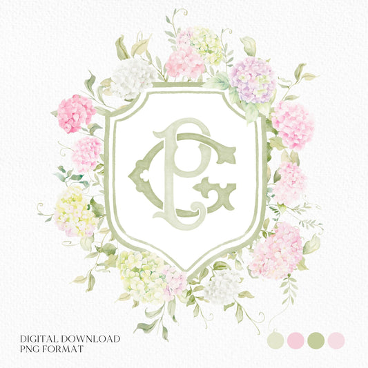 Blue White Pink Hydrangea Flower Wedding Crest - Monogram Crest - Pastel Color Hydrangea Floral Luxury Watercolor Wedding Crest
