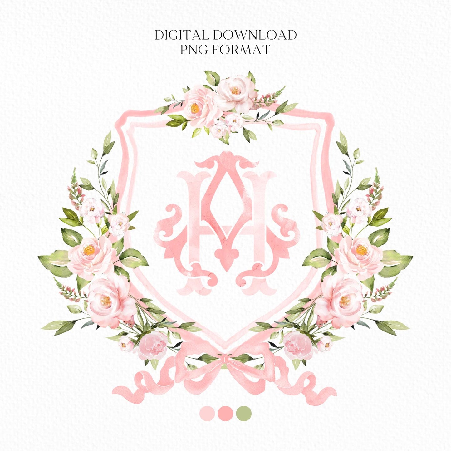 Blush Pink Floral Rustic Greenery Flower Wedding Crest - Monogram Crest - Floral Watercolor Wedding Crest - Romantic Wedding Crest