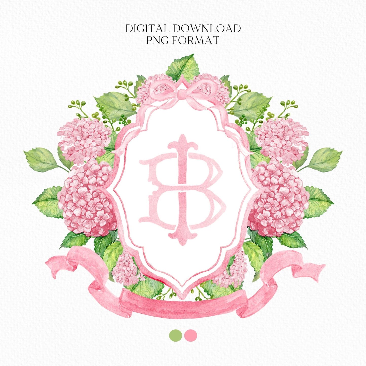 Pink Hydrangea Flower Wedding Crest - Monogram Crest - Hydrangea Floral Luxury Watercolor Wedding Crest - Romantic Wedding Crest