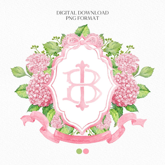 Pink Hydrangea Flower Wedding Crest - Monogram Crest - Hydrangea Floral Luxury Watercolor Wedding Crest - Romantic Wedding Crest