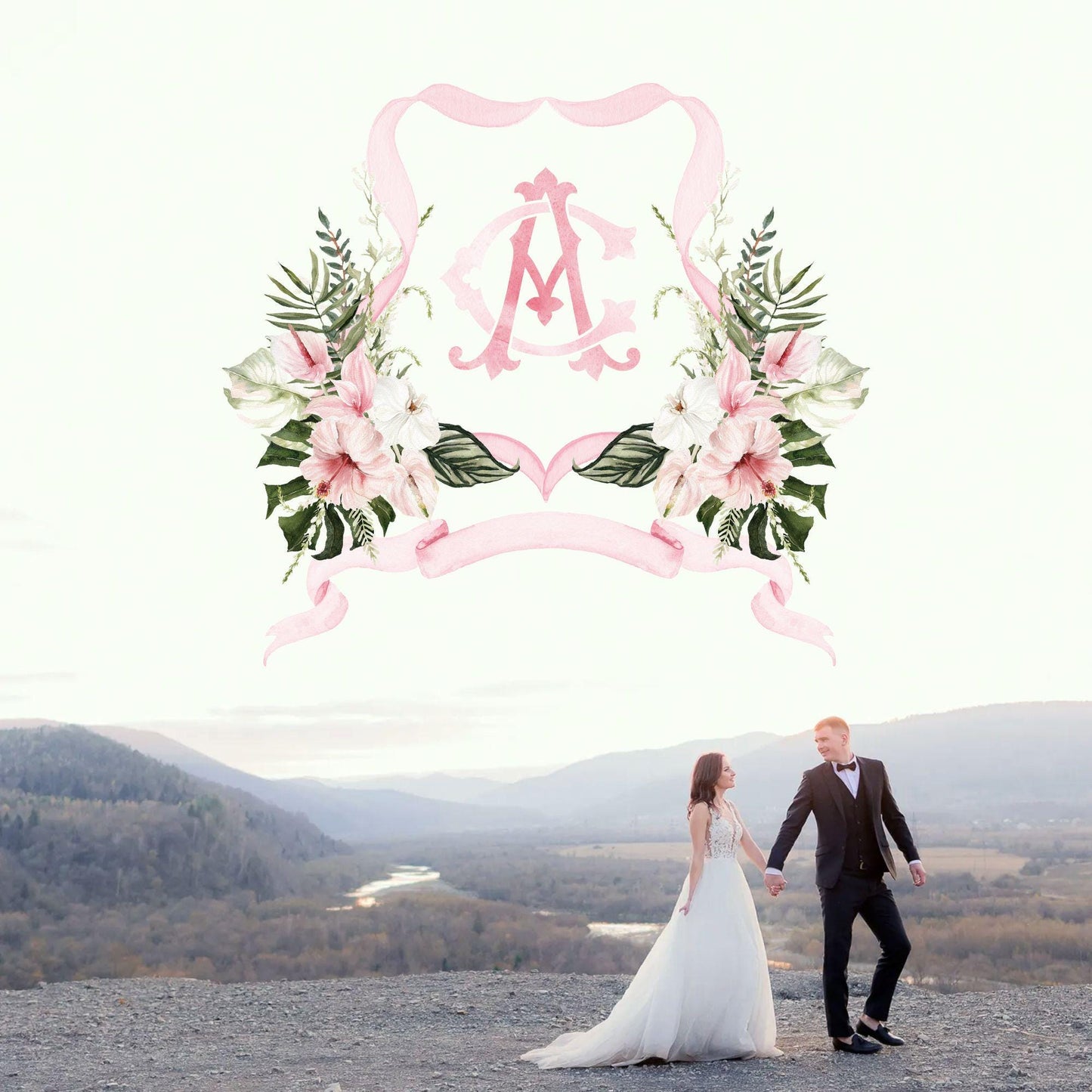Pink Jungle Bridal Watercolor Flowers Wedding Crest - Monogram Crest - Summer Tropical Watercolor Wedding Crest - Romantic Wedding Crest