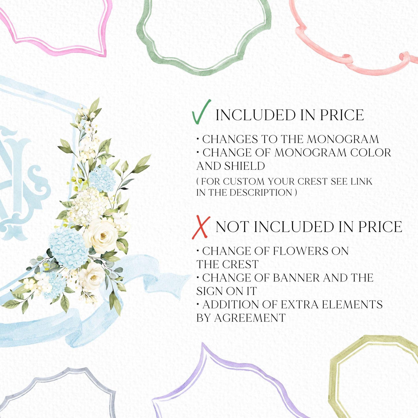 Light Dusty Blue Hydrangea Flower Wedding Crest - Monogram Crest - White Hydrangea Floral Watercolor Wedding Crest - Romantic Wedding Crest