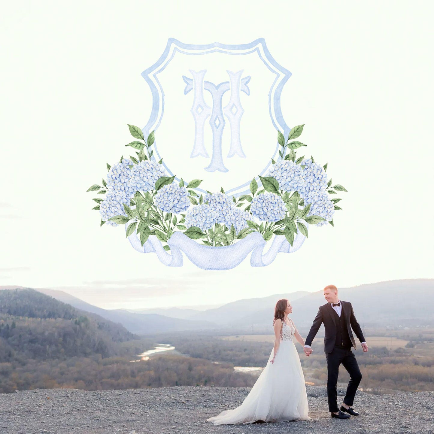Blue Hydrangea Flower Wedding Crest - Monogram Crest - Hydrangea Light Blue Floral Luxury Watercolor Wedding Crest - Romantic Wedding Crest