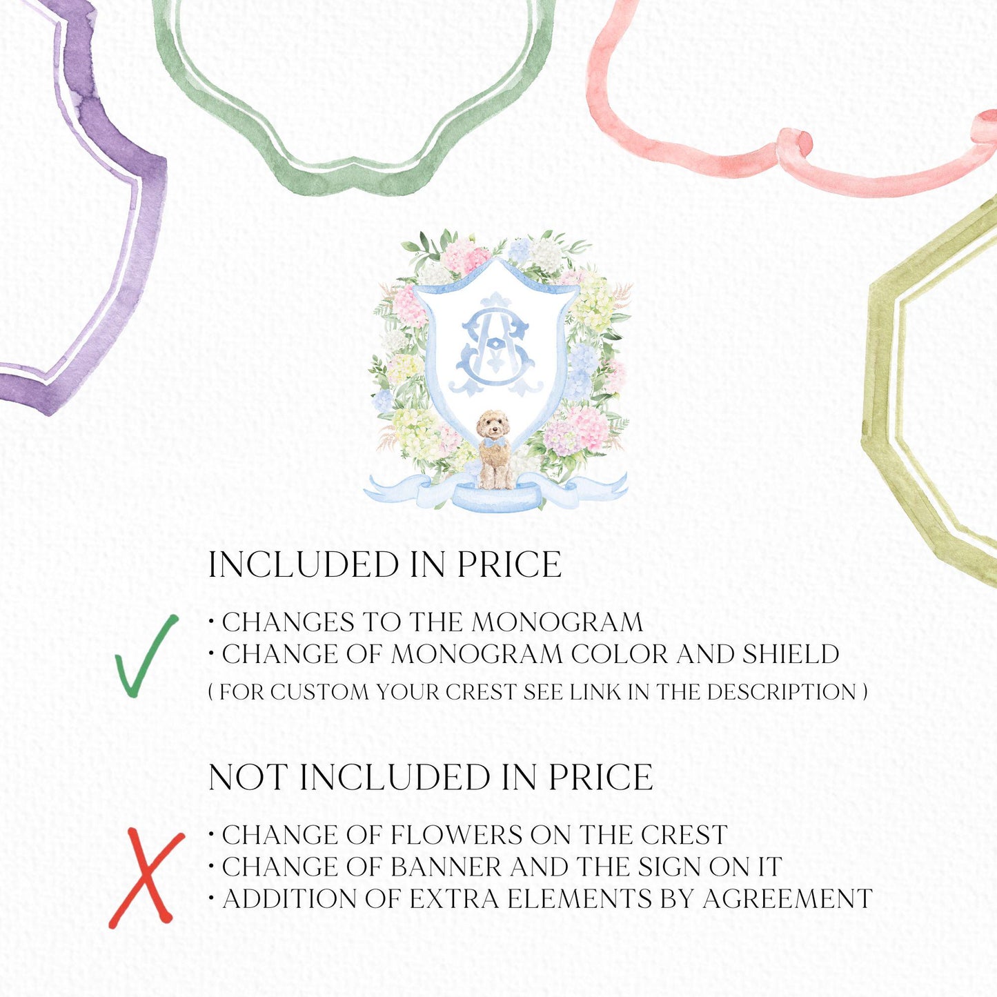 Blue White Pink Hydrangea Flower Wedding Crest - Monogram Crest - Pastel Color Hydrangea Floral Luxury Watercolor Wedding Crest