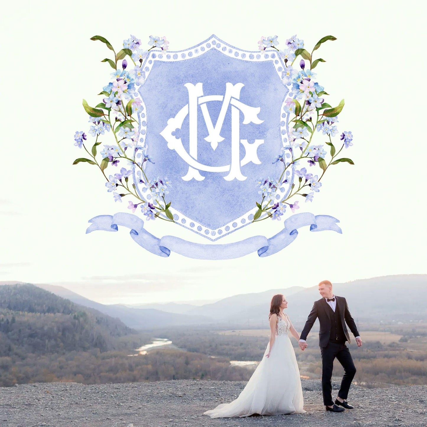 Wildflower Blue Spring Flower Wedding Crest - Monogram Crest - Wildflower bohemian Floral Watercolor Wedding Crest - Romantic Wedding Crest