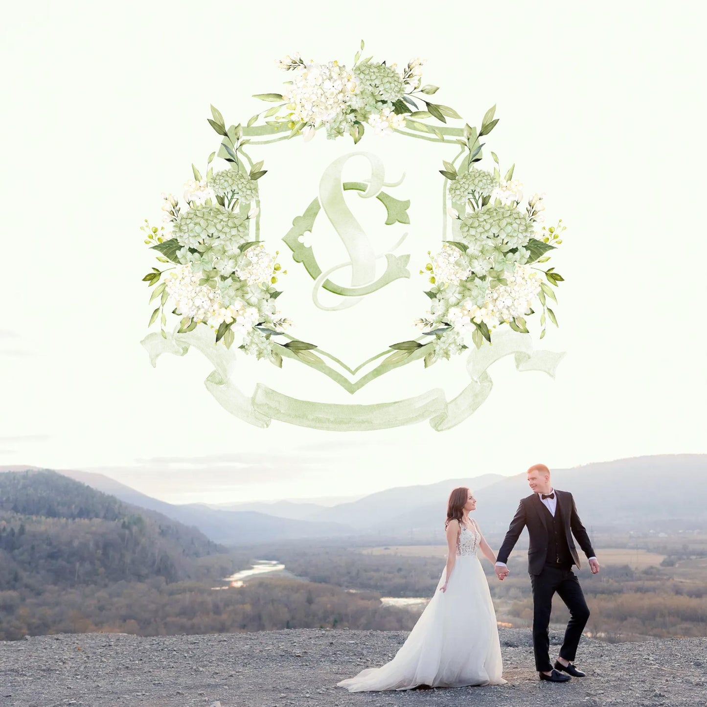 White Green Hydrangea Flower Greenery Wedding Crest - Monogram Crest - Hydrangea Floral Watercolor Wedding Crest - Romantic Wedding Crest