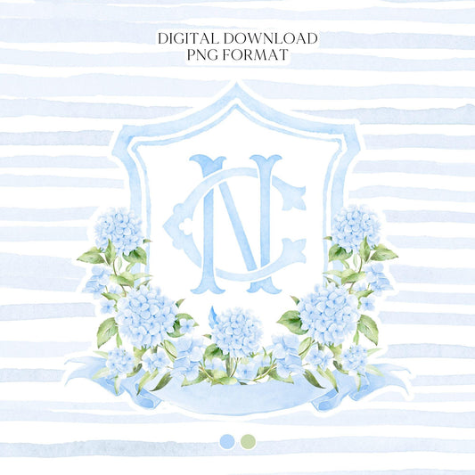 Watercolor Hydrangea Wedding Crest – Light Blue Floral Monogram (Digital Download)