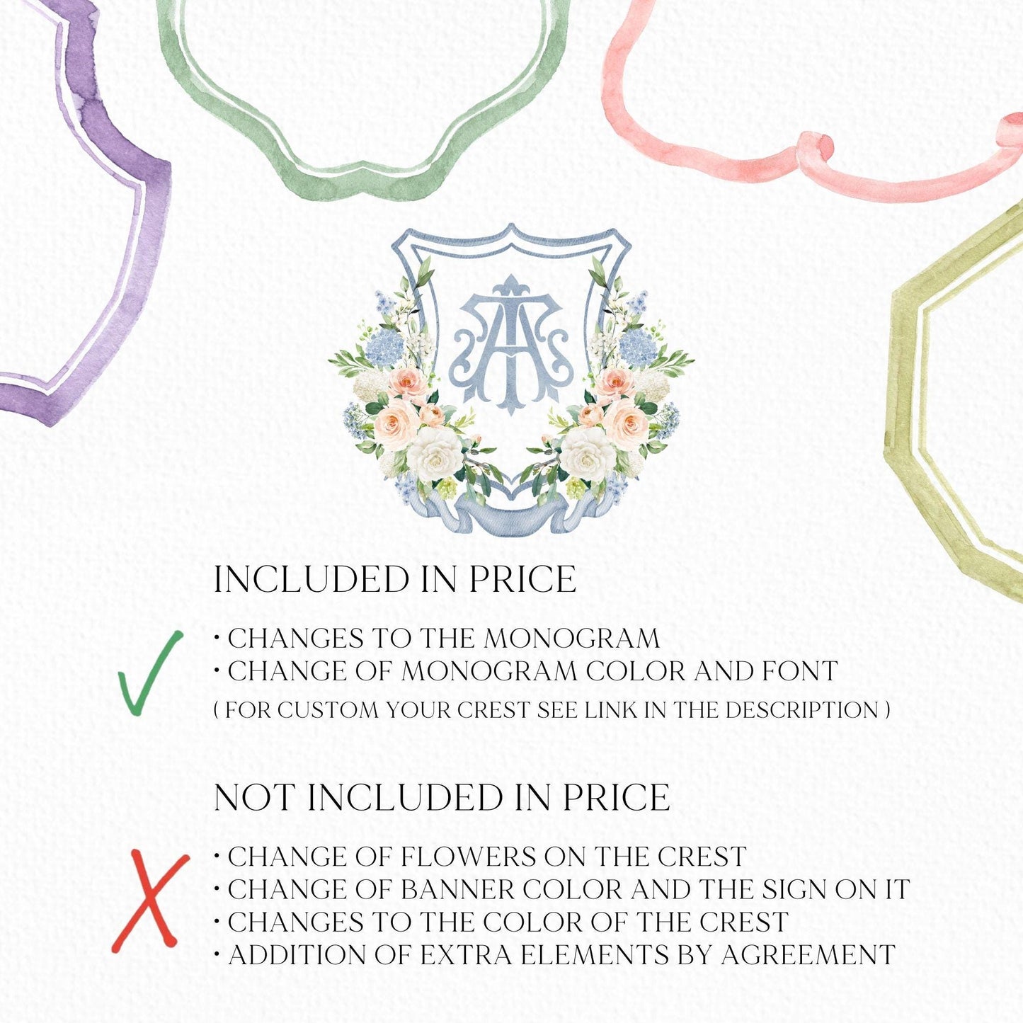 Being Dusty Light blue  Flower Wedding Crest - Monogram Crest - White Floral Watercolor Wedding Crest - Wedding Crest - Boho Hydrangea